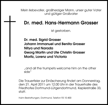 Traueranzeige von Hans-Hermann Grosser von Tageszeitung
