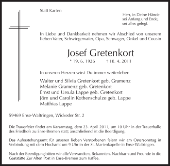 Traueranzeige von Josef Gretenkort von Tageszeitung