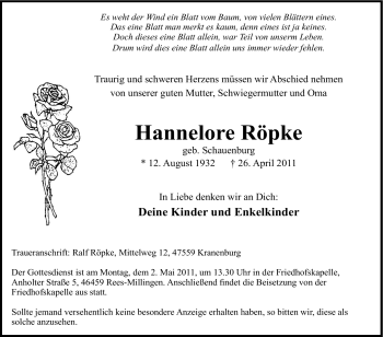 Traueranzeige von Hannelore Röpke von Tageszeitung