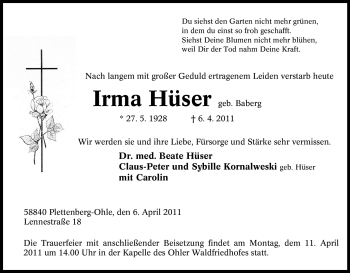 Traueranzeige von Irma Hüser von Tageszeitung