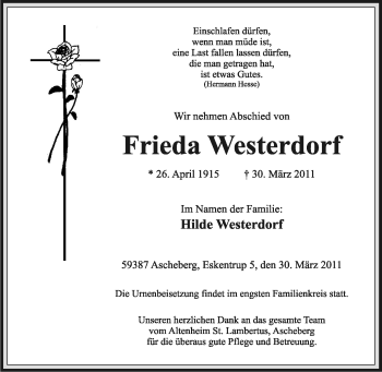 Traueranzeige von Frieda Westerdorf von Tageszeitung