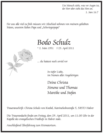 Traueranzeige von Bodo Schulz von Tageszeitung