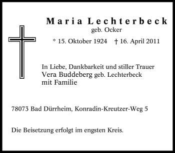 Traueranzeige von Maria Lechterbeck von Tageszeitung