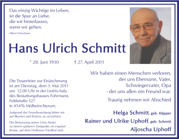 Traueranzeige von Hans Ulrich Schmitt von Tageszeitung