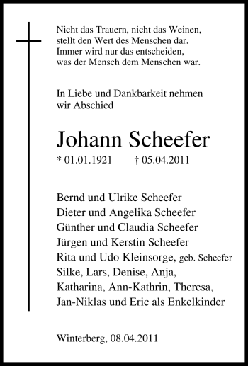 Traueranzeige von Johann Scheefer von Tageszeitung