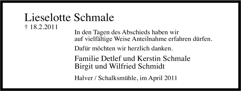  Traueranzeige für Lieselotte Schmale vom 02.04.2011 aus Tageszeitung