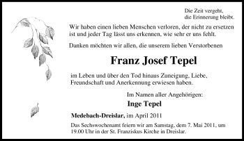 Traueranzeige von Franz Josef Tepel von Tageszeitung