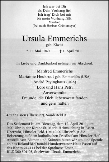 Traueranzeige von Ursula Emmerichs von Tageszeitung