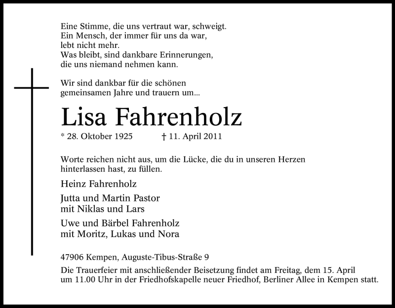  Traueranzeige für Lisa Fahrenholz vom 13.04.2011 aus Tageszeitung