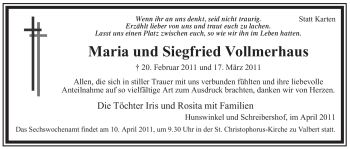 Traueranzeige von Maria Vollmerhaus von Tageszeitung