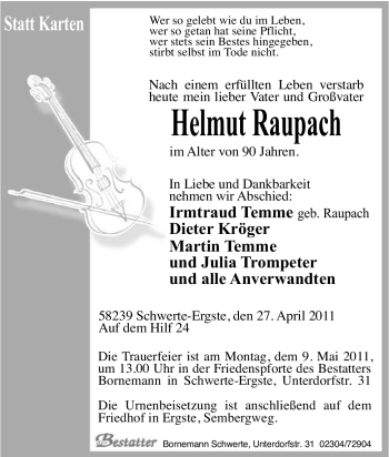 Traueranzeige von Helmut Raupach von Tageszeitung