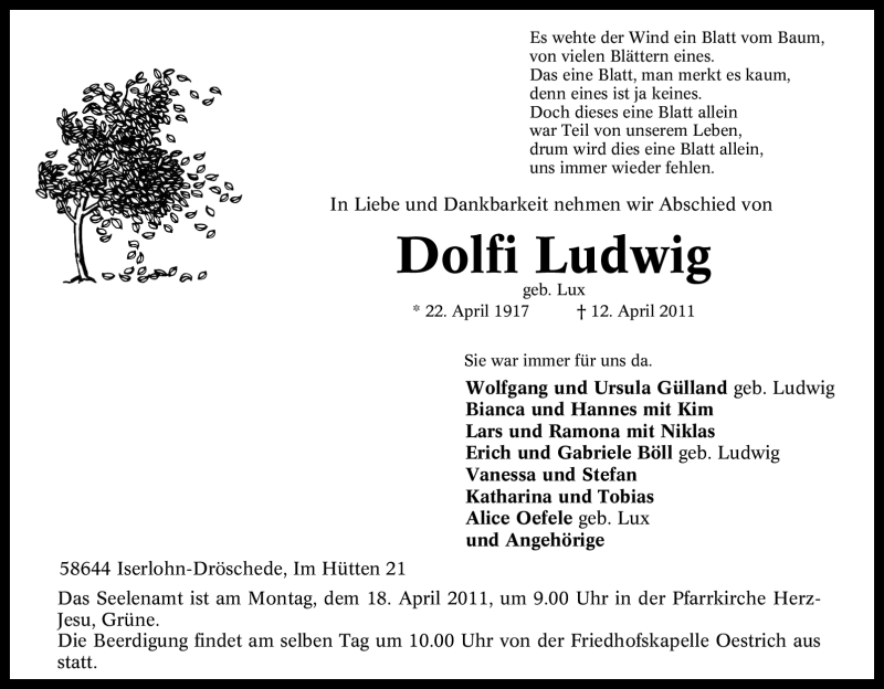  Traueranzeige für Dolfi Ludwig vom 14.04.2011 aus Tageszeitung