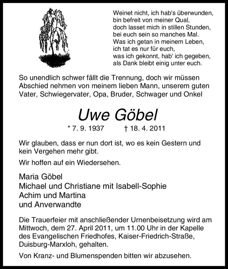  Traueranzeige für Uwe Göbel vom 20.04.2011 aus Tageszeitung