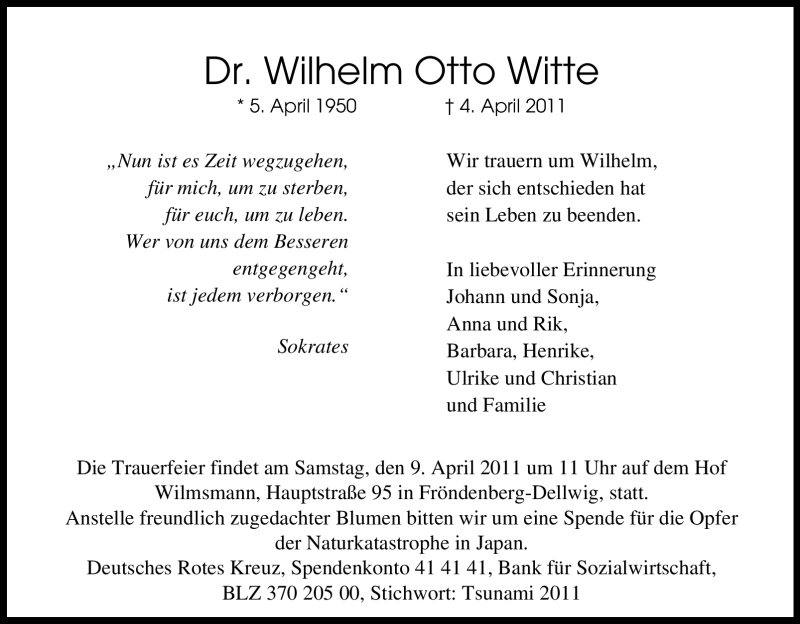  Traueranzeige für Wilhelm Otto Witte vom 07.04.2011 aus Tageszeitung
