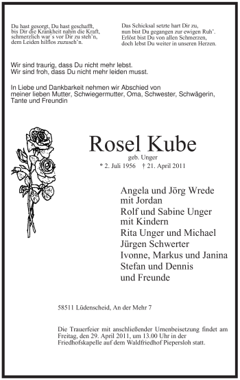 Traueranzeige von Rosel Kube von Tageszeitung