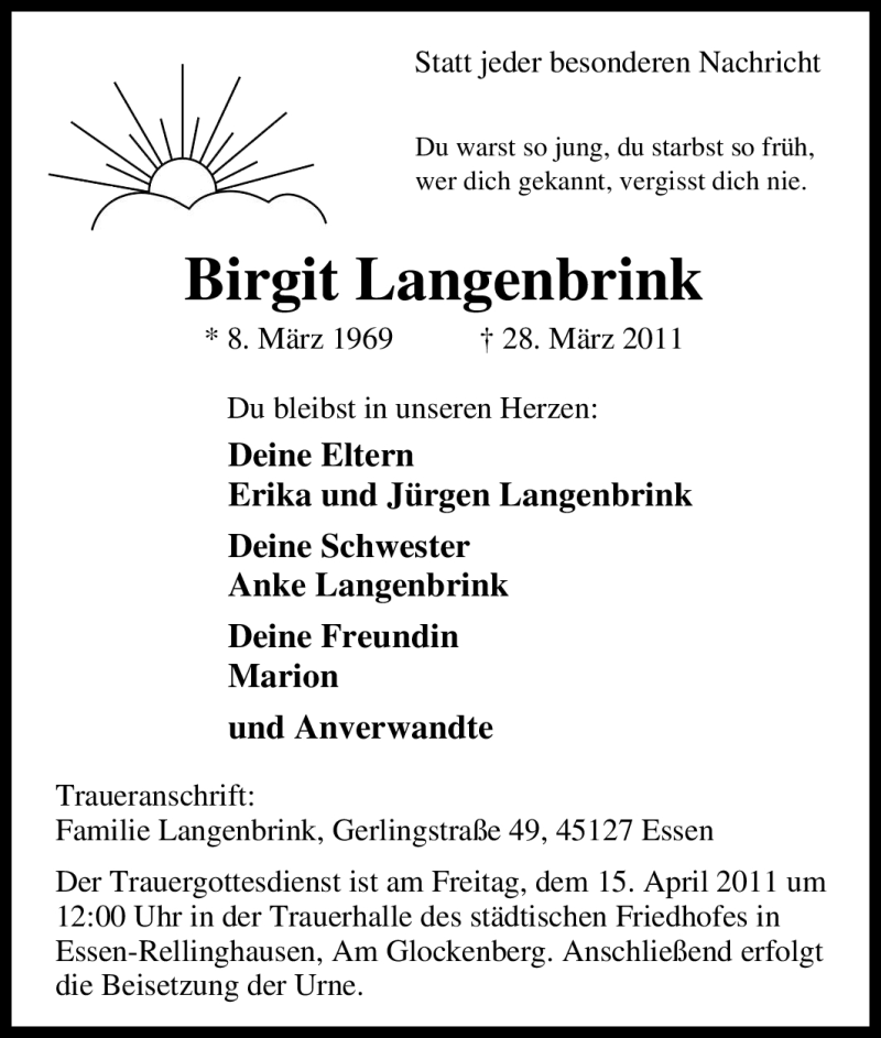  Traueranzeige für Birgit Langenbrink vom 06.04.2011 aus Tageszeitung