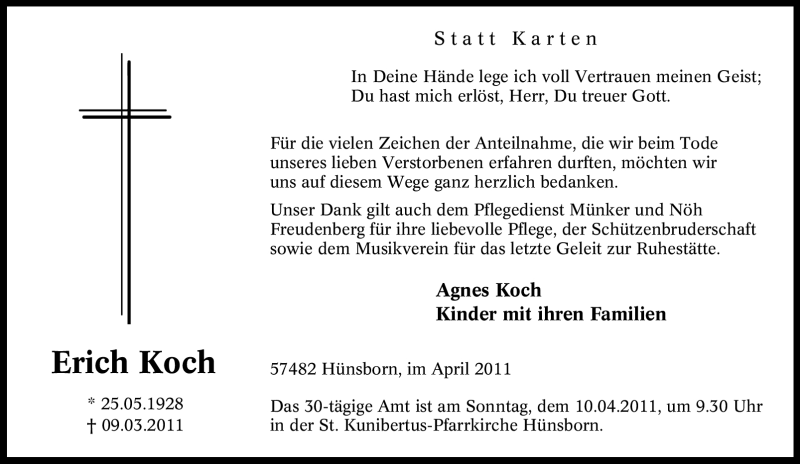  Traueranzeige für Erich Koch vom 02.04.2011 aus Tageszeitung