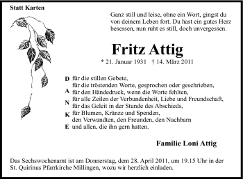 Traueranzeige von Fritz Attig von Tageszeitung