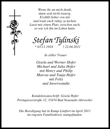 Traueranzeige von Stefan Tylinski von Tageszeitung