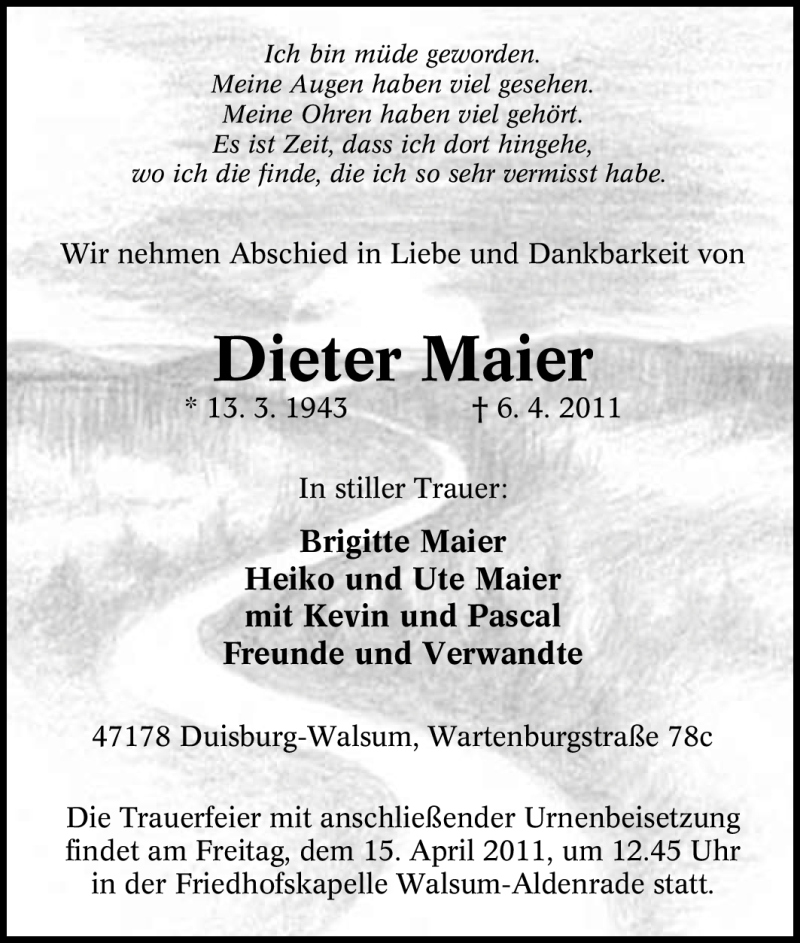  Traueranzeige für Dieter Maier vom 13.04.2011 aus Tageszeitung