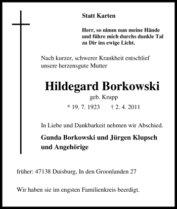 Traueranzeige von Hildegard Borkowski von Tageszeitung