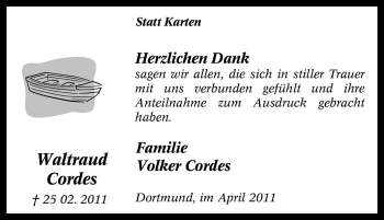 Traueranzeige von Waltraud Cordes von Tageszeitung