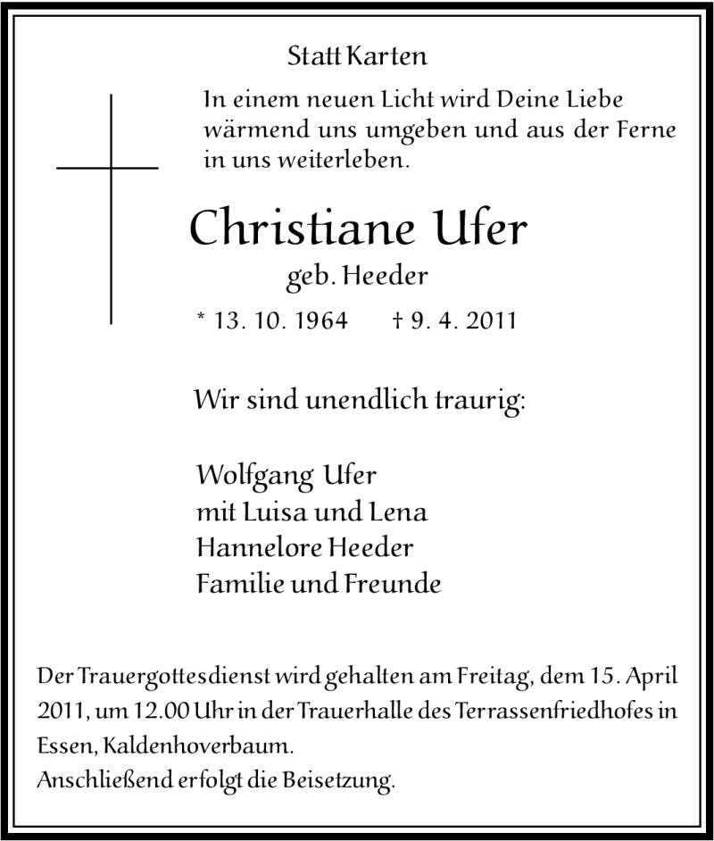  Traueranzeige für Christiane Ufer vom 13.04.2011 aus Tageszeitung