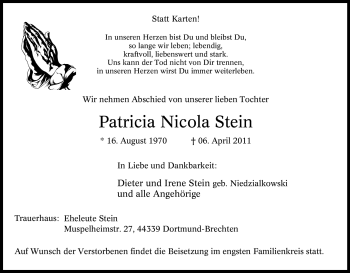 Traueranzeige von Patricia Nicola Stein von Tageszeitung