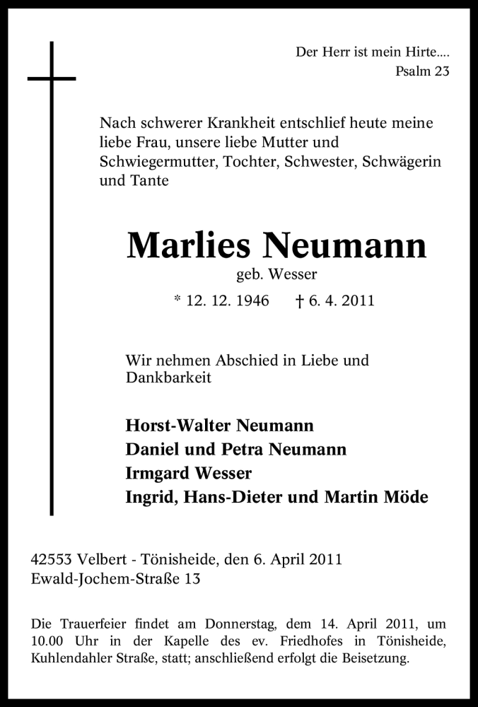  Traueranzeige für Marlies Neumann vom 09.04.2011 aus Tageszeitung
