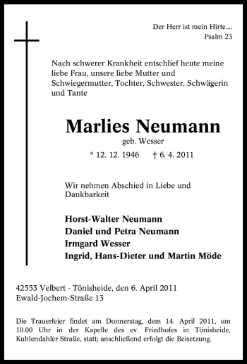 Traueranzeige von Marlies Neumann von Tageszeitung