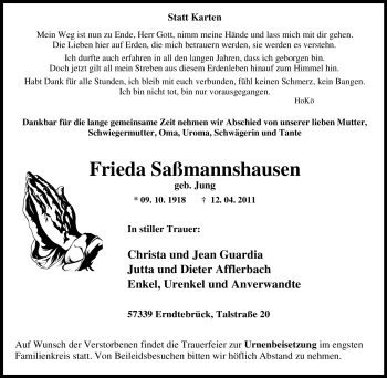 Traueranzeige von Frieda Saßmannshausen von Tageszeitung