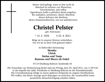 Traueranzeige von Christel Pelster von Tageszeitung