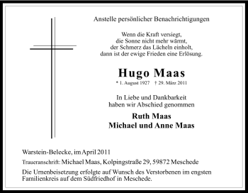 Traueranzeige von Hugo Maas von Tageszeitung