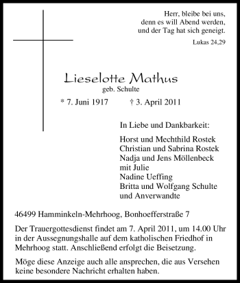 Traueranzeige von Lieselotte Mathus von Tageszeitung