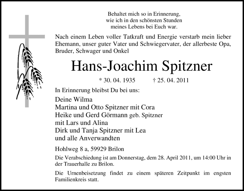 Traueranzeigen von HansJoachim Spitzner TrauerinNRW.de