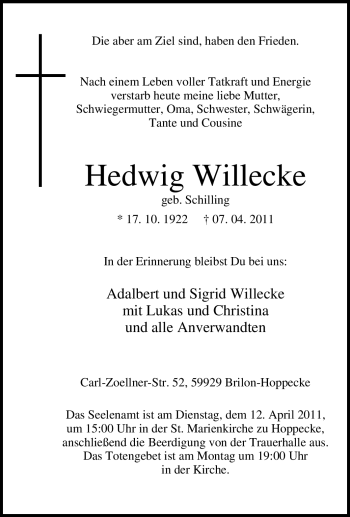 Traueranzeige von Hedwig Willecke von Tageszeitung