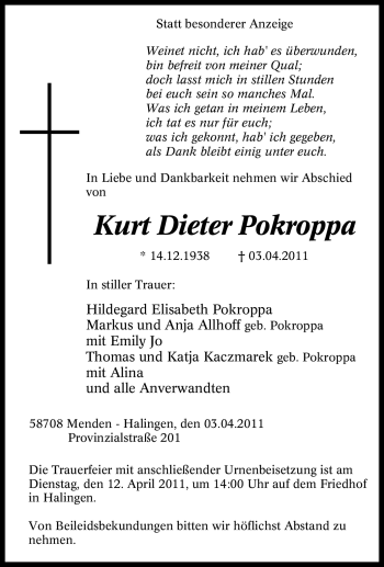 Traueranzeige von Kurt Dieter Pokroppa von Tageszeitung