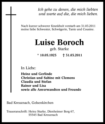Traueranzeige von Luise Boroch von Tageszeitung