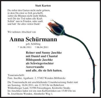 Traueranzeige von Anna Schürmann von Tageszeitung