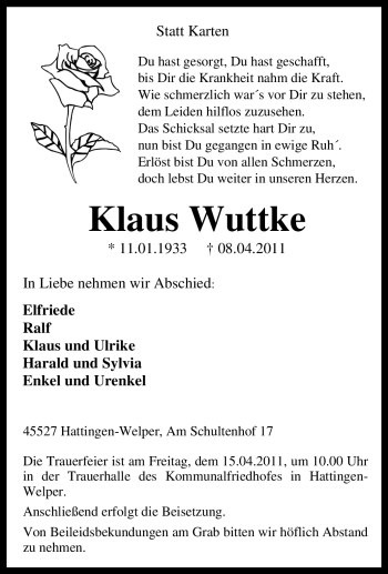 Traueranzeige von Klaus Wuttke von Tageszeitung