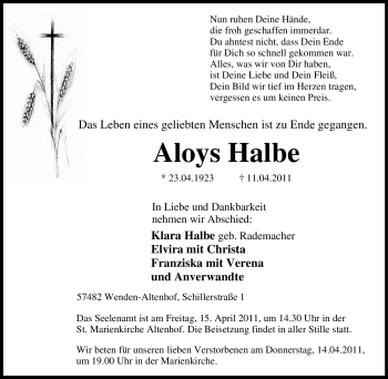 Traueranzeige von Aloys Halbe von Tageszeitung