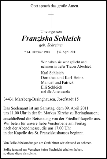 Traueranzeige von Franziska Schleich von Tageszeitung
