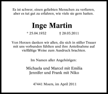 Traueranzeige von Inge Martin von Tageszeitung