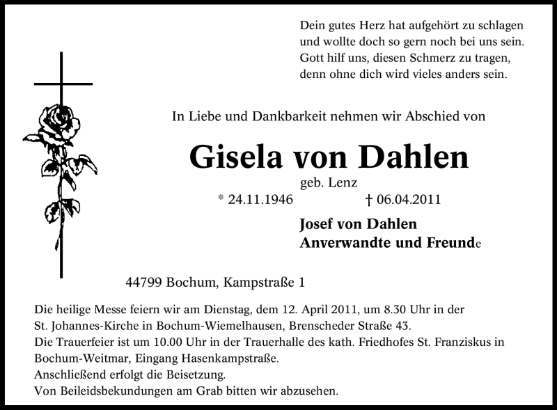  Traueranzeige für Gisela von Dahlen vom 08.04.2011 aus Tageszeitung