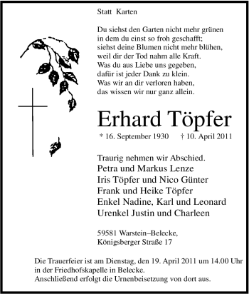 Traueranzeige von Erhard Töpfer von Tageszeitung