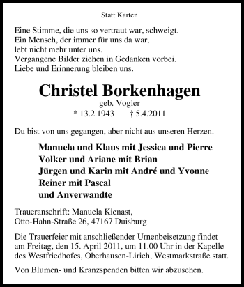 Traueranzeige von Christel Borkenhagen von Tageszeitung