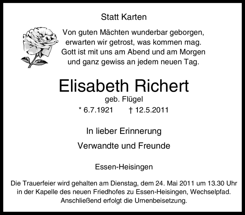  Traueranzeige für Elisabeth Richert vom 18.05.2011 aus Tageszeitung
