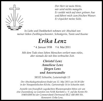 Traueranzeige von Erika Lenz von Tageszeitung