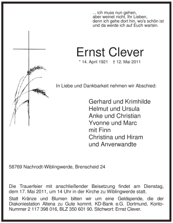 Traueranzeige von Ernst Clever von Tageszeitung