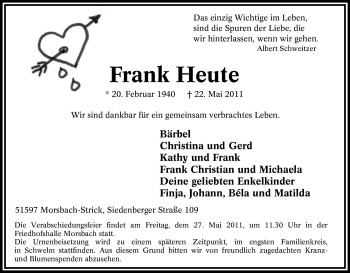 Traueranzeige von Frank Heute von Tageszeitung